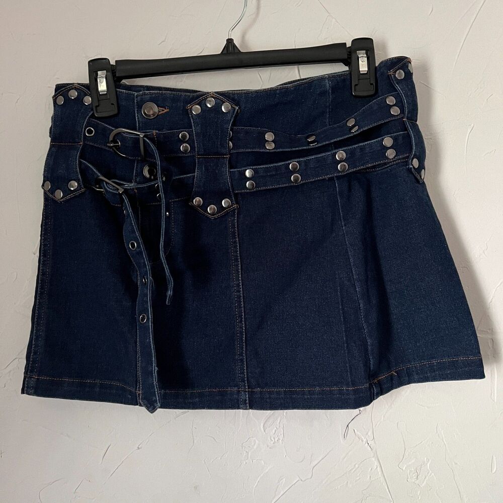 Hot Topic Social Collision Studded‎ Denim Mini Skirt Belted Punk Y2K Grunge Sz M